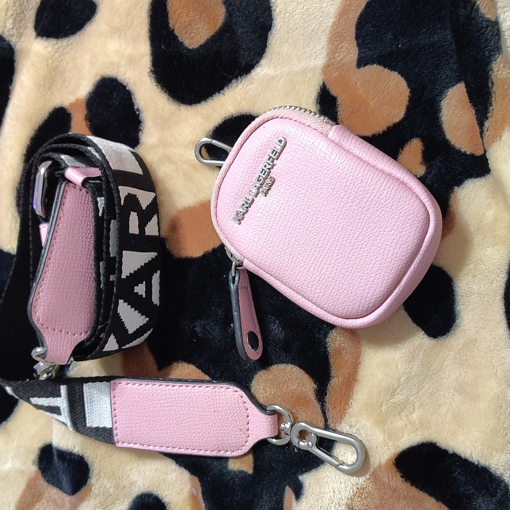 Karl Lagerfeld Pink Leather Mini Crossbody Pouch with Black-and-White Logo Strap - Picture 5 of 5